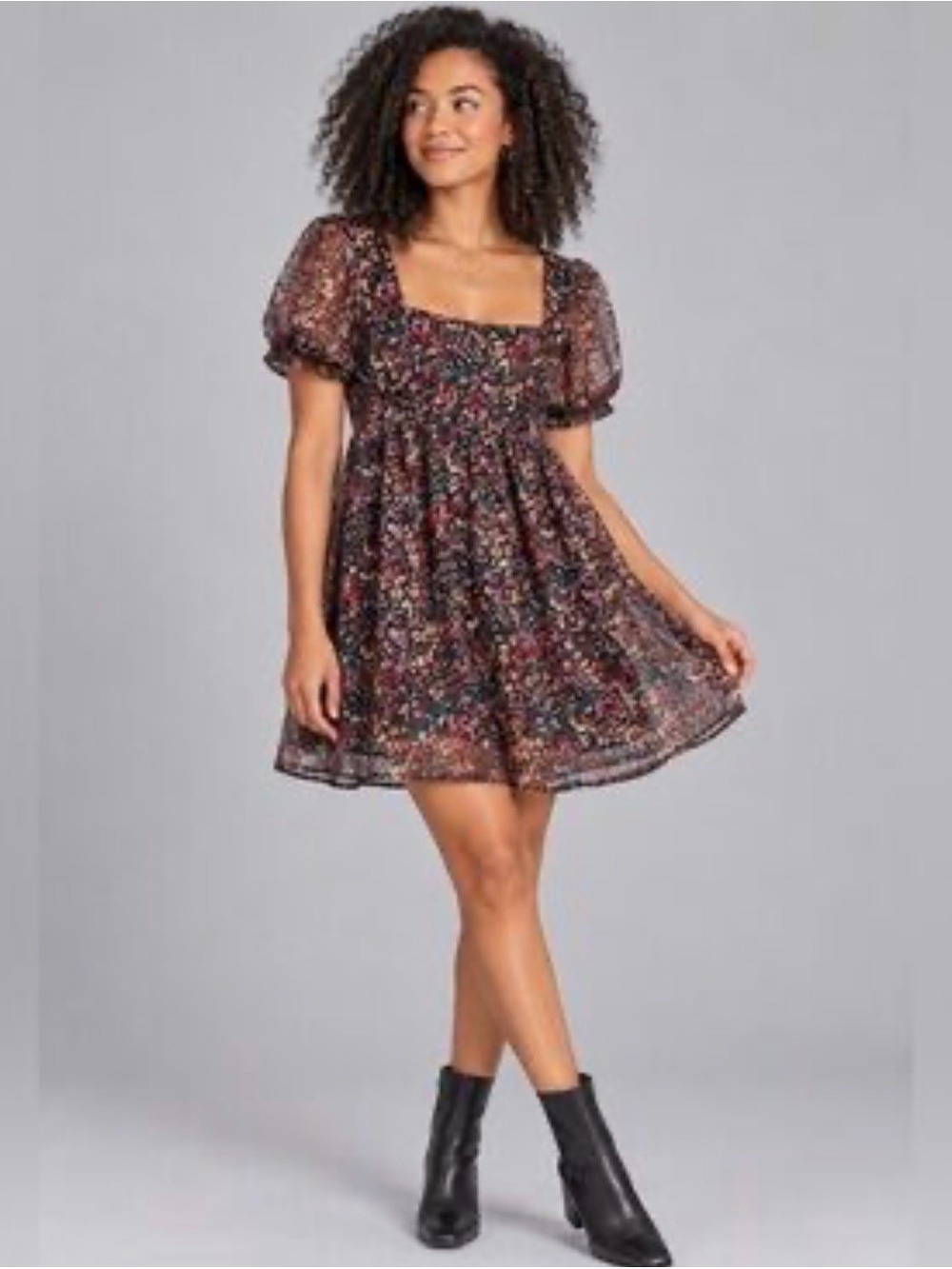 wild fable Black Multicolor Floral Square-Neck Puff Sleeve Mini Dress